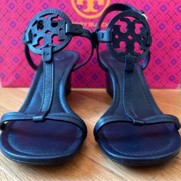 Tory Burch Navy Tumbled Leather Mini Miller 60MM Wedge Sandals - Picture 5 of 14